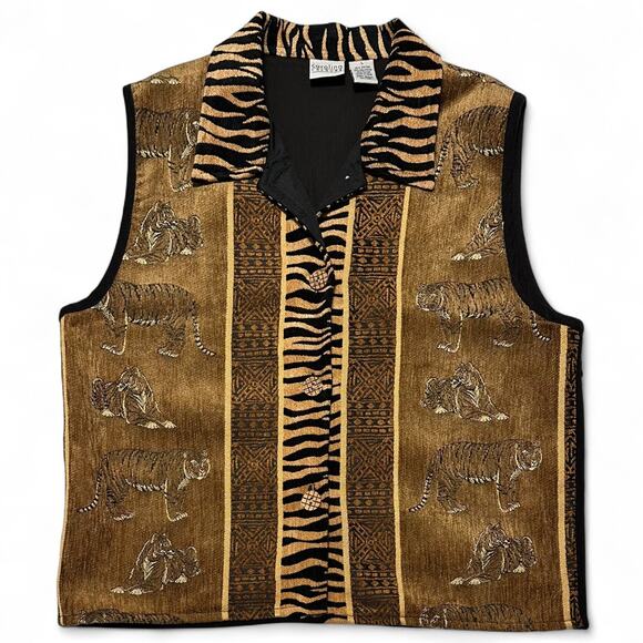 Y2K Carolina Colours Tiger Tapestry Vest Size L Safari Boho Animal Print Vest - Picture 5 of 7